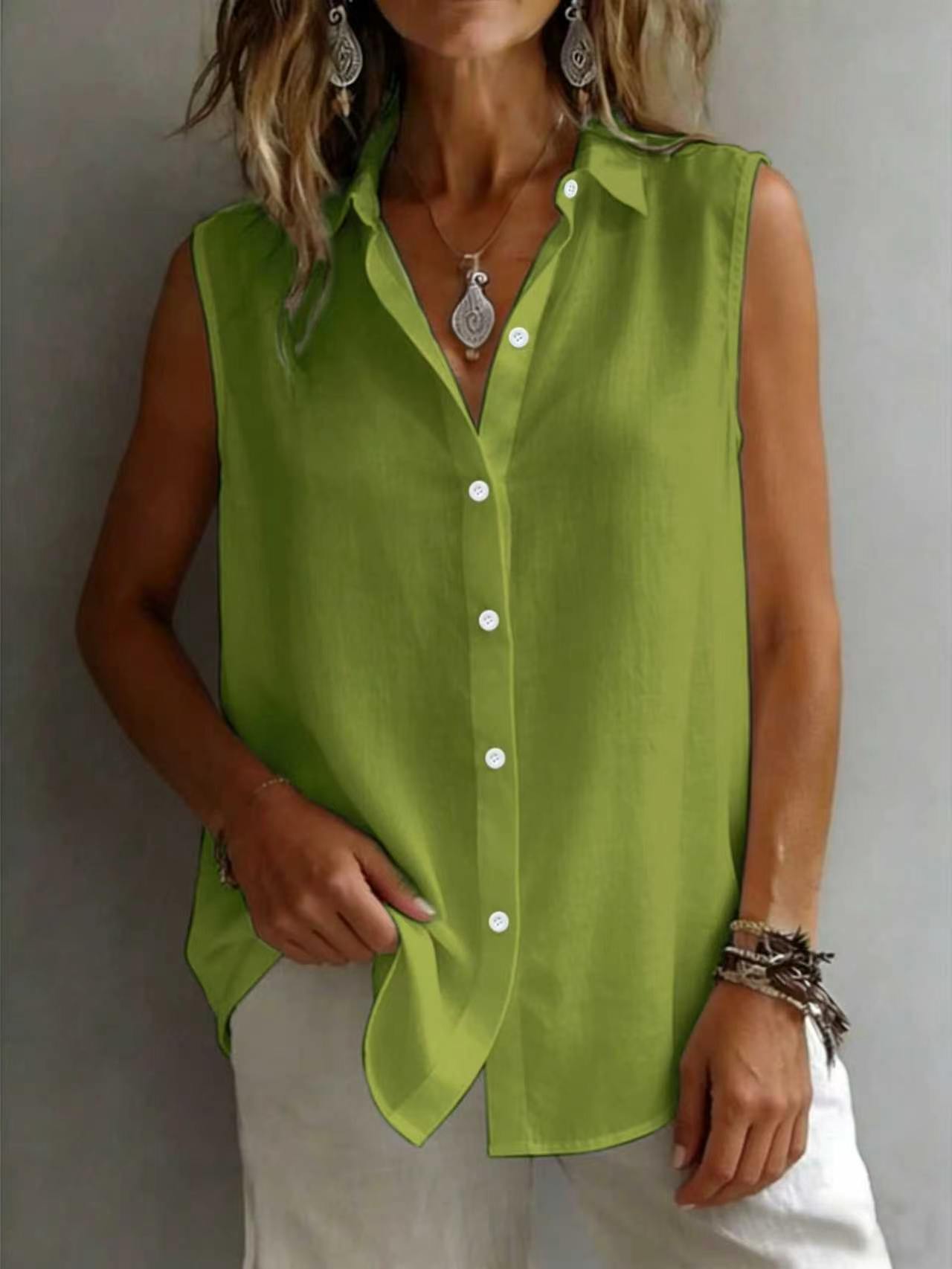 Women's Solid Color Casual Lapel Sleeveless Shirt 
