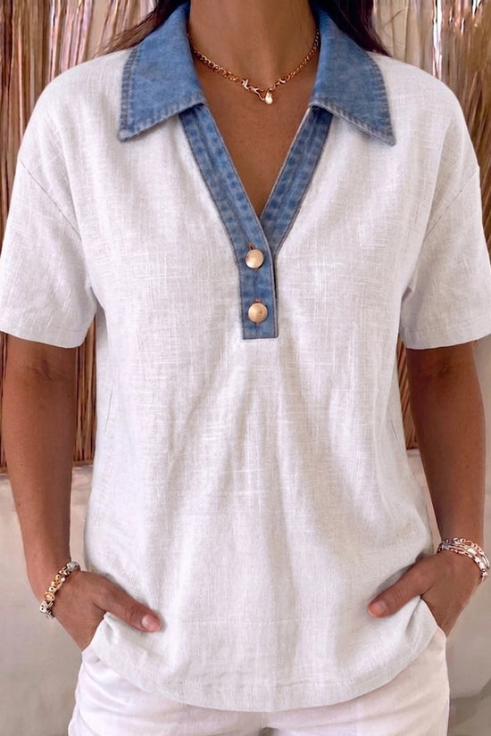 Casual Denim-Trimmed Contrast Linen Cotton Shirt Womens Apparel 