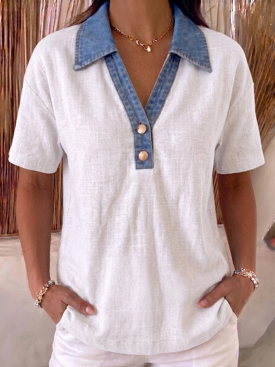 Casual Denim-Trimmed Contrast Linen Cotton Shirt Womens Apparel 