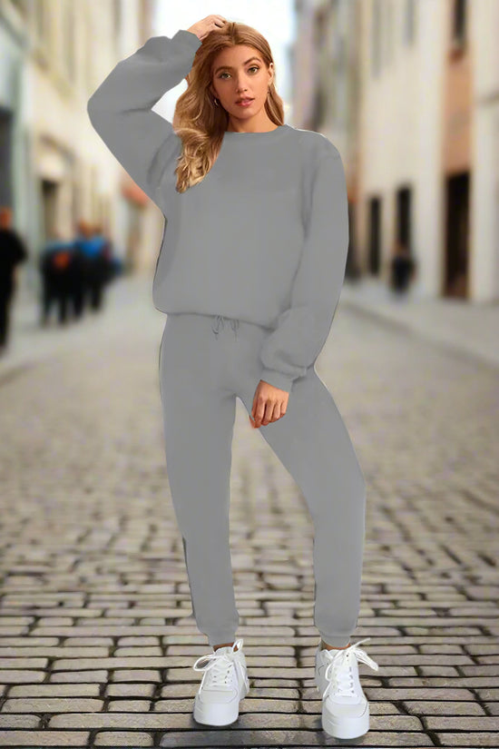 👚 Women's Solid Color Round Neck Pullover Sweatshirt & Pants Set FitiqueFit