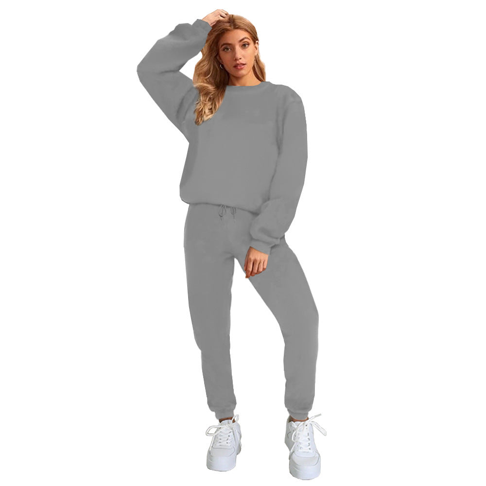 👚 Women's Solid Color Round Neck Pullover Sweatshirt & Pants Set FitiqueFit