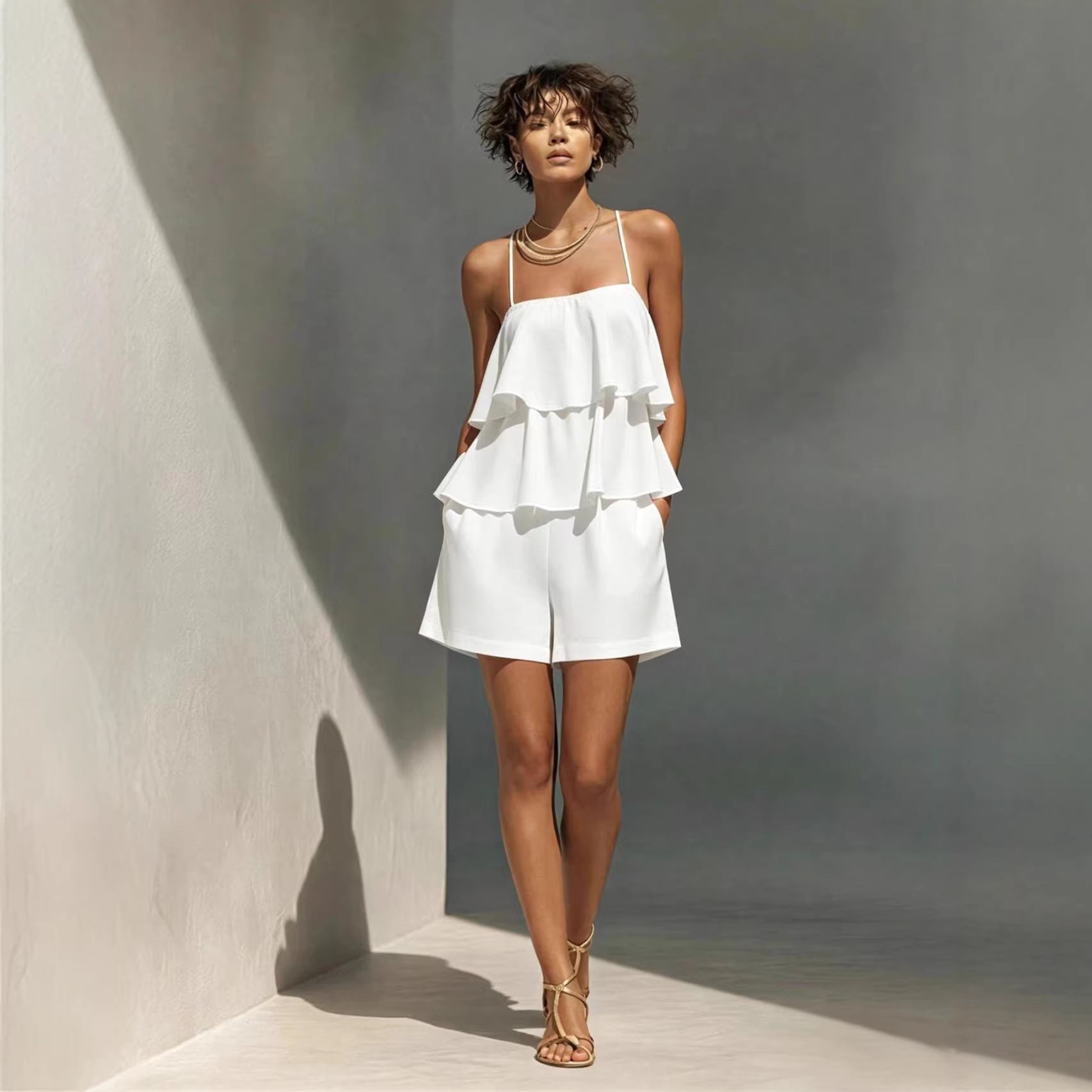 Multi-layer Ruffle Loose Camisole And Shorts Set 