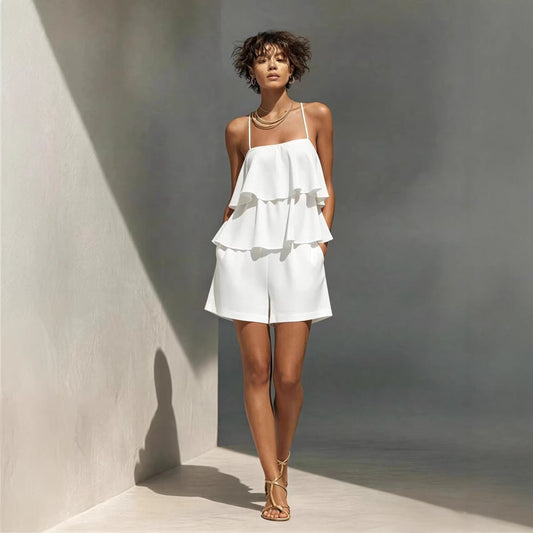 Multi-layer Ruffle Loose Camisole And Shorts Set 