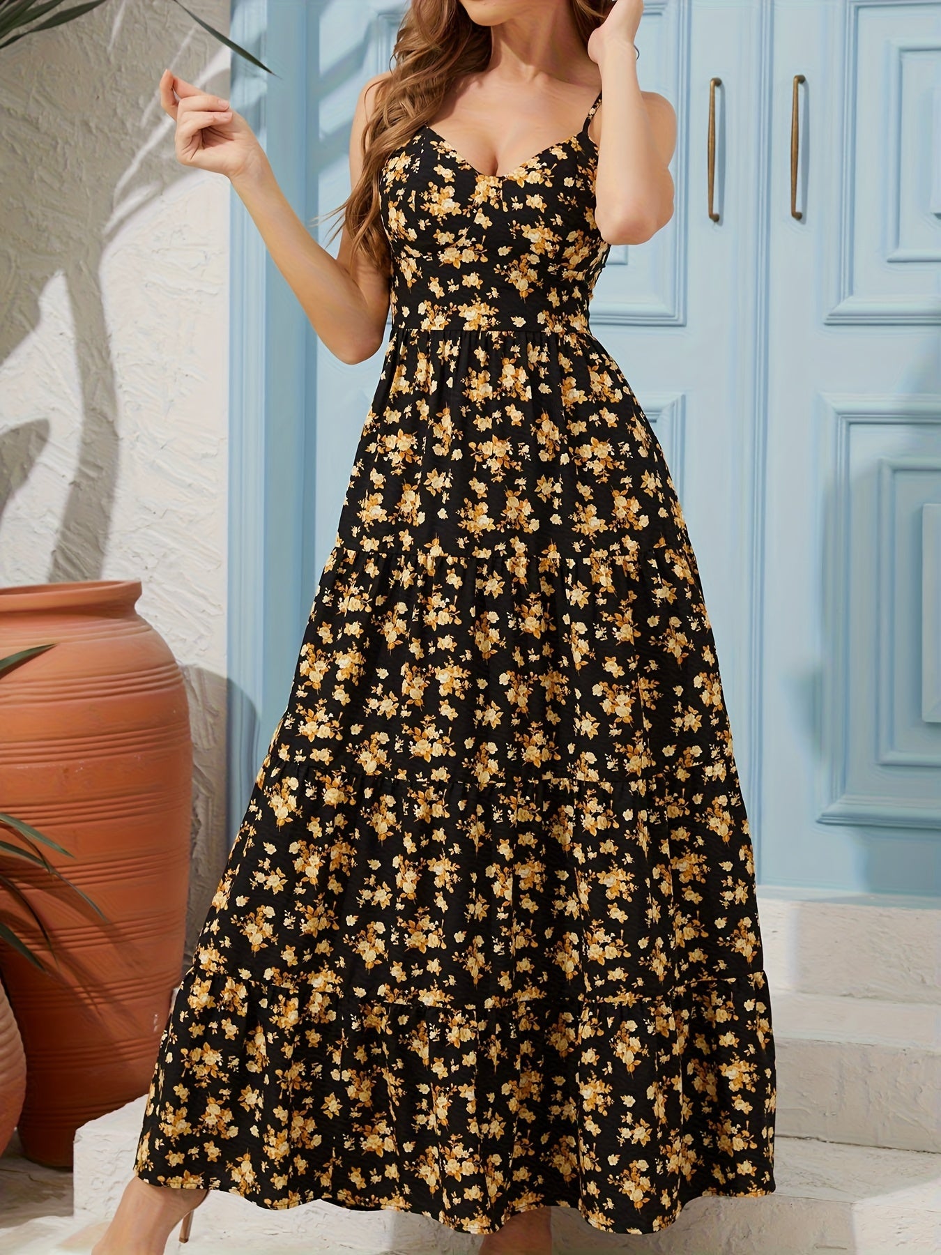 Women’s Floral Backless Maxi Dress – Strappy Dress with Bow & Flowy Skirt CJ US