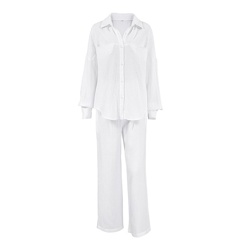 Women's Casual Solid Color Lounge Set - Loose Fit Long Sleeve Top & Pants With Chest Pockets Comfortable Home Wear CJ US