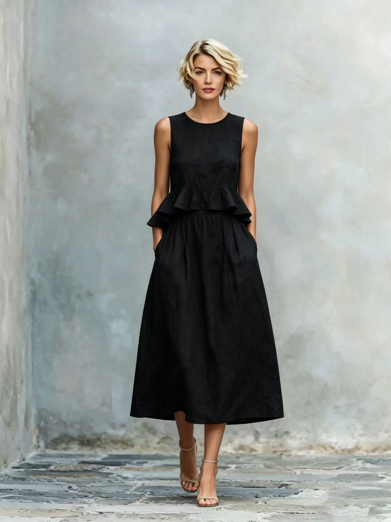Sleeveless Crew-Neck High-Waisted Ruffle-Trim Resort-Style Dress 
