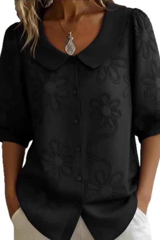 Loose-fit Retro Buttoned 3D Embroidered Floral Shirt 