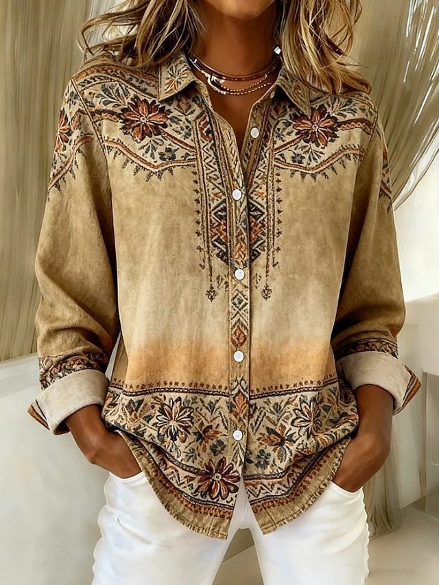 Womens Loose-Fitting Long-Sleeve Lapel-Neck Printed Shirt 
