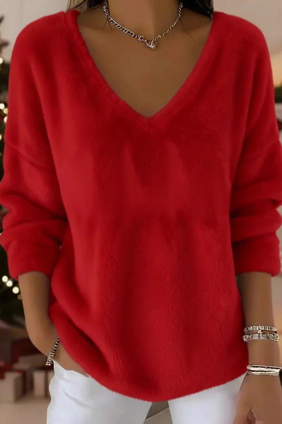 New Womens Plush Pullover With A Drop-shoulder V-neck And Long Sleeves 