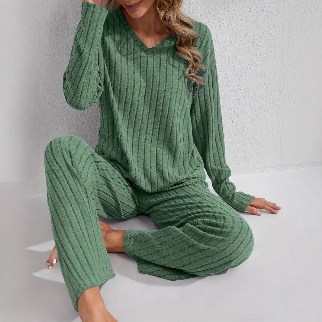 Ribbed Long-Sleeve Top And Pants Casual Comfortable Womens Loungewear Set 