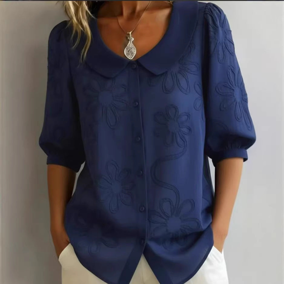 Loose-fit Retro Buttoned 3D Embroidered Floral Shirt 