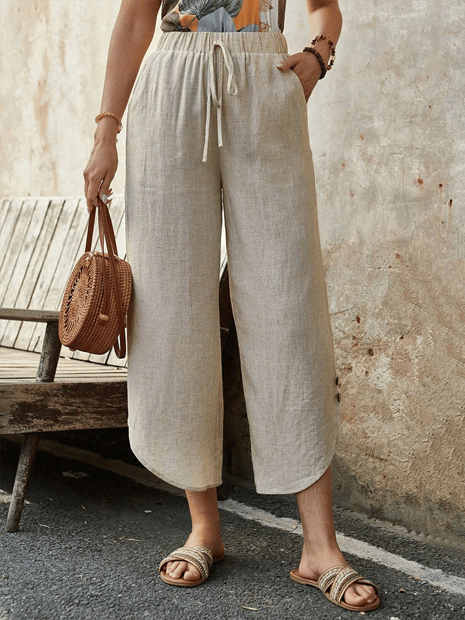 Cotton And Linen Drawstring Cropped Loose Pockets Casual Pants FitiqueFit