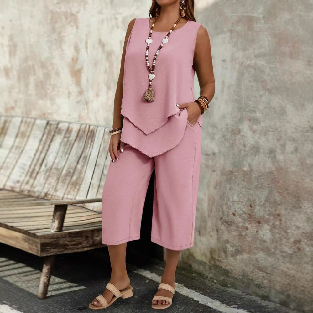 Casual Solid-Colored Sleeveless Top And Cropped Pants Two-Piece Set 