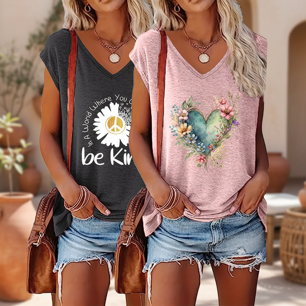 2-Pack Wildflowers Graphic Print V-Neck Tee Tops CJ