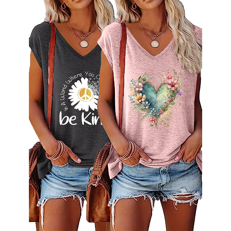 2-Pack Women's Floral T-Shirts Be Kind Wildflowers Graphic Print Casual V-Neck Tee Tops CJ