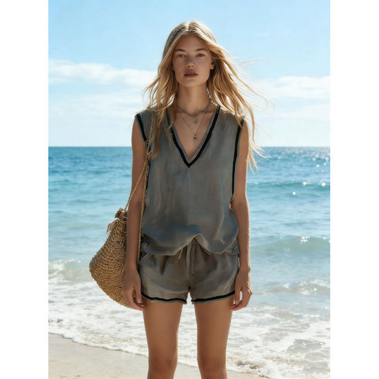 Women's V-neck Vest And Shorts Two-Piece Set 