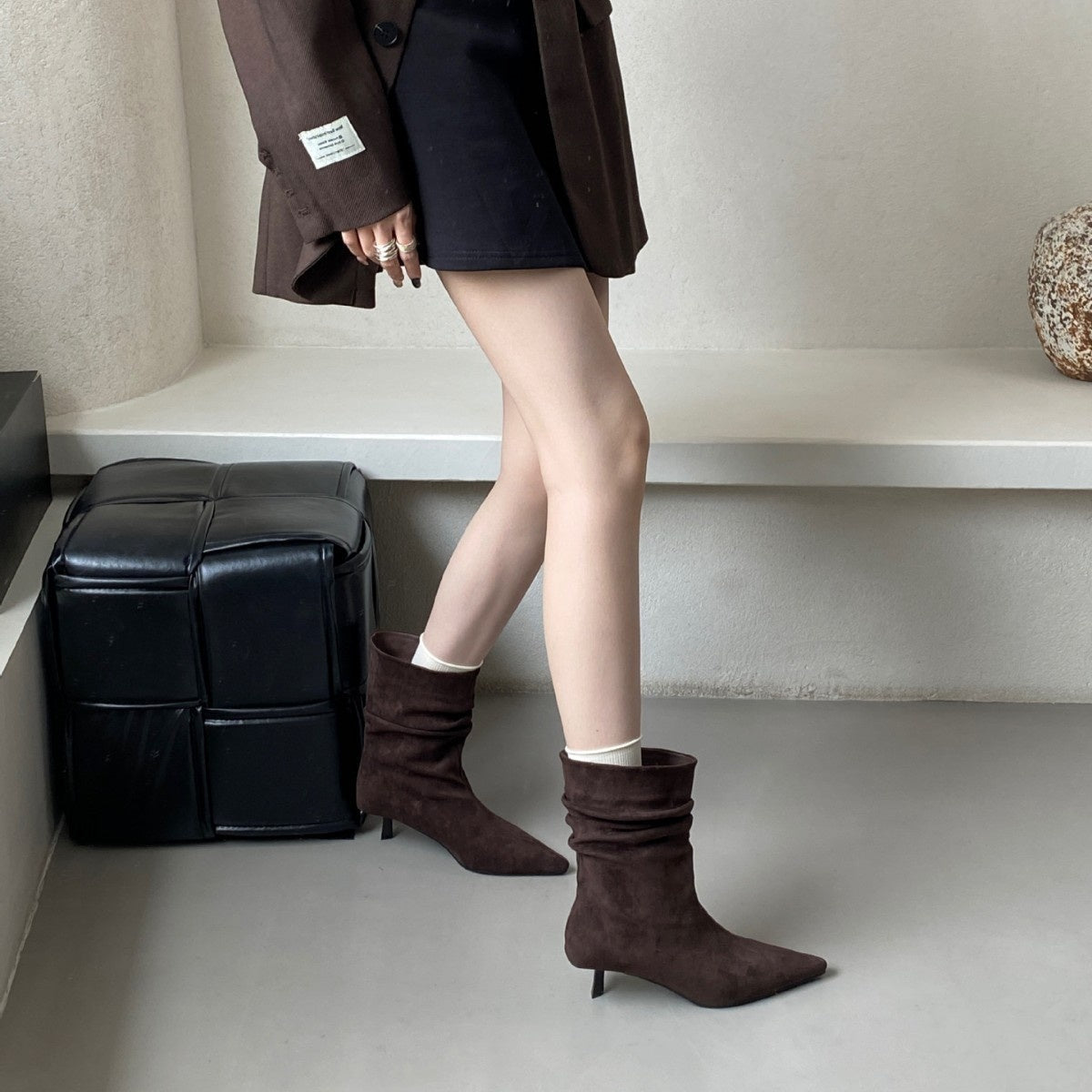 Women's Autumn Winter Pointed Toe High Heel Slimming Mid-Calf Boots 