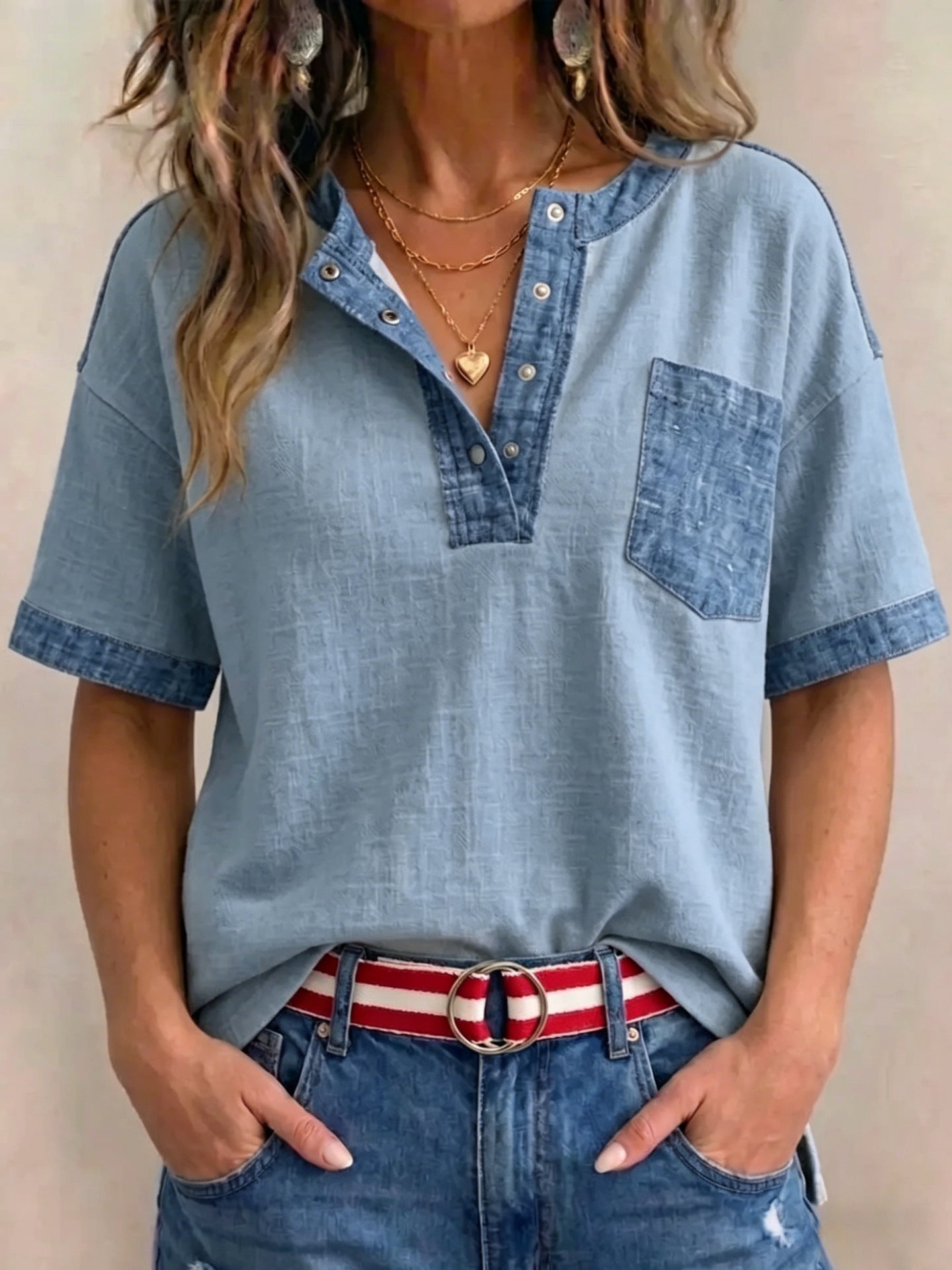 Women's Casual Loose-Fitting Patchwork Short-Sleeve Top 