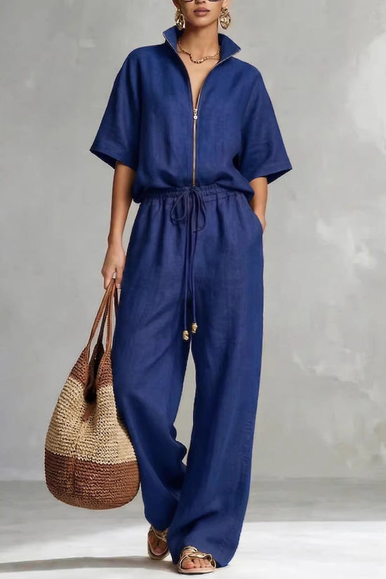 Womens Casual Loose Solid-Color Zip-Up Crew-Neck Wide-Leg Pants Set 