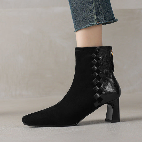 Womens Korean-style Square-toe Leather Chunky-heel Patchwork Ankle Boots 