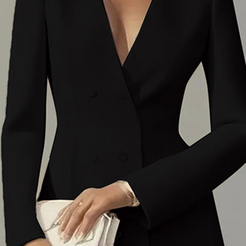 Women's Solid Color Deep V-Neck Dress Button Front A-Line Midi Dress For Formal Occasions CJ US