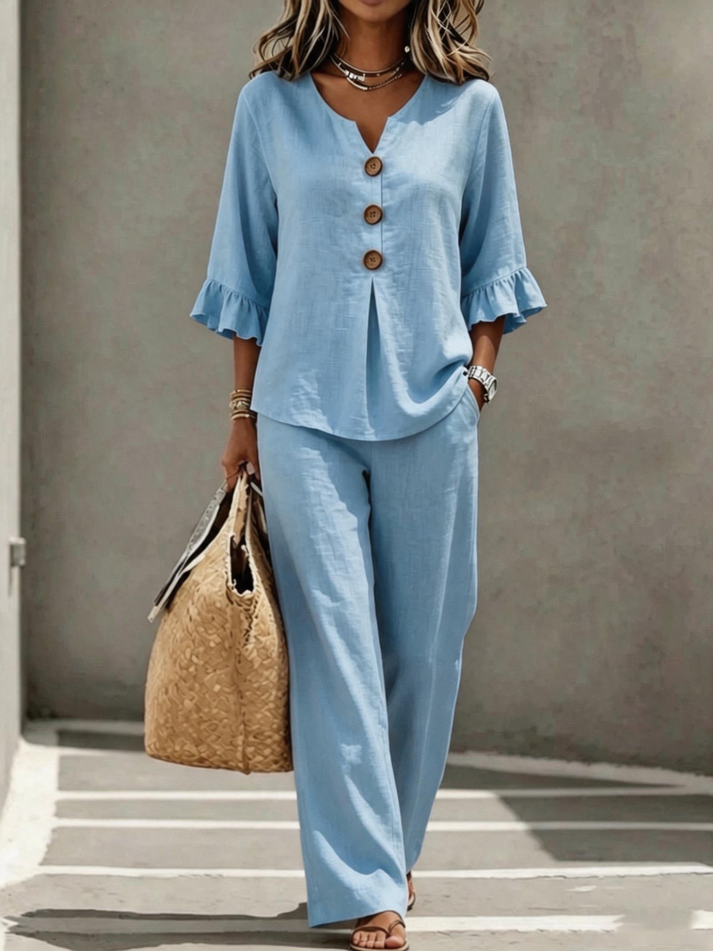 Womens V-neck Ruffle Three-Quarter Sleeve Top And Pants Two-Piece Set 
