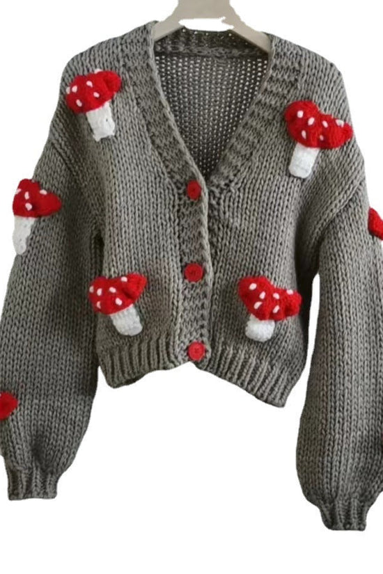 Women’s Mushroom Crochet Short Cardigan – Loose Fit Knit Sweater CJ