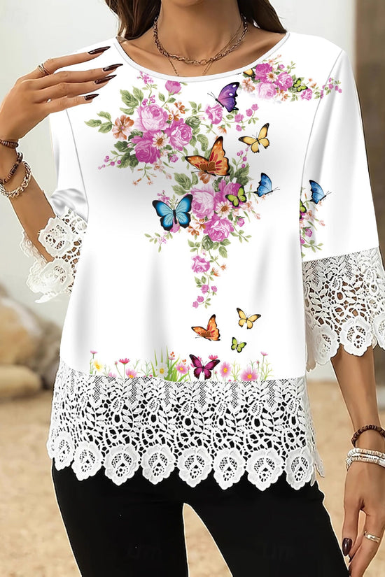 Lace-printed Three-quarter-sleeve T-shirt Top For Women 