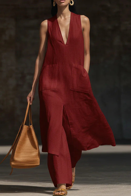 Casual New Style V-Neck Sleeveless Dress Set 