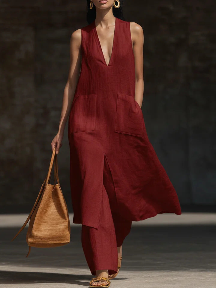 Casual New Style V-Neck Sleeveless Dress Set 