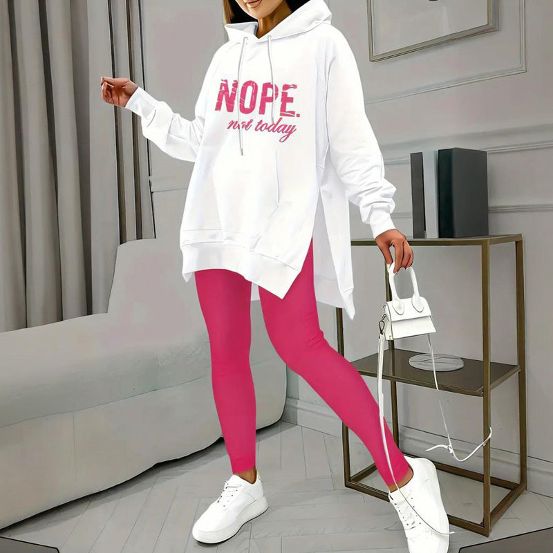 Women's Casual 2-Piece Set Solid Color Leggings & Letter Print Pocket Drawstring Hooded Sweatshirt With Split Hem Spring Fall Fashion Outfit CJ US