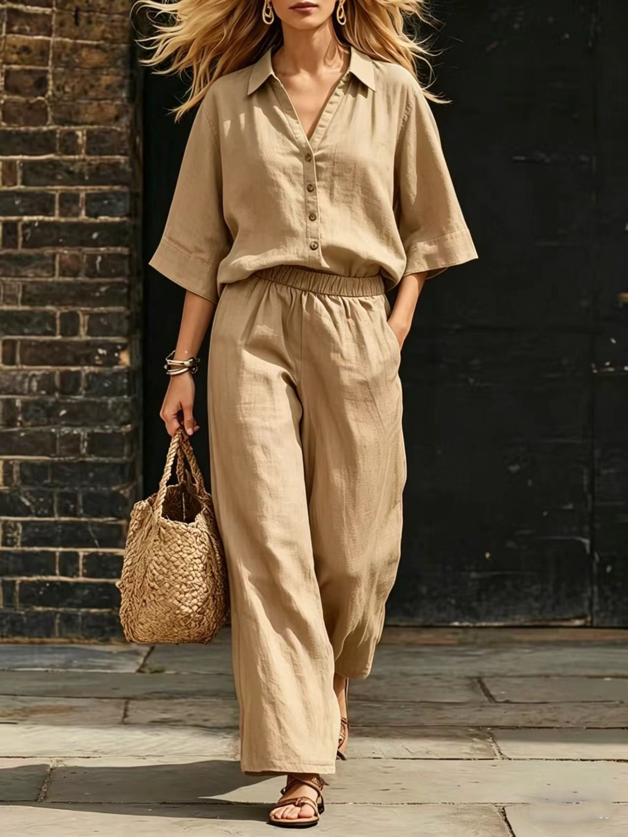 Womens Short-Sleeve Shirt And Loose Pants Two-Piece Set 