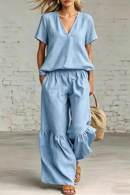 Womens Casual Solid Color V-Neck Loose Short-Sleeve Pants Set 