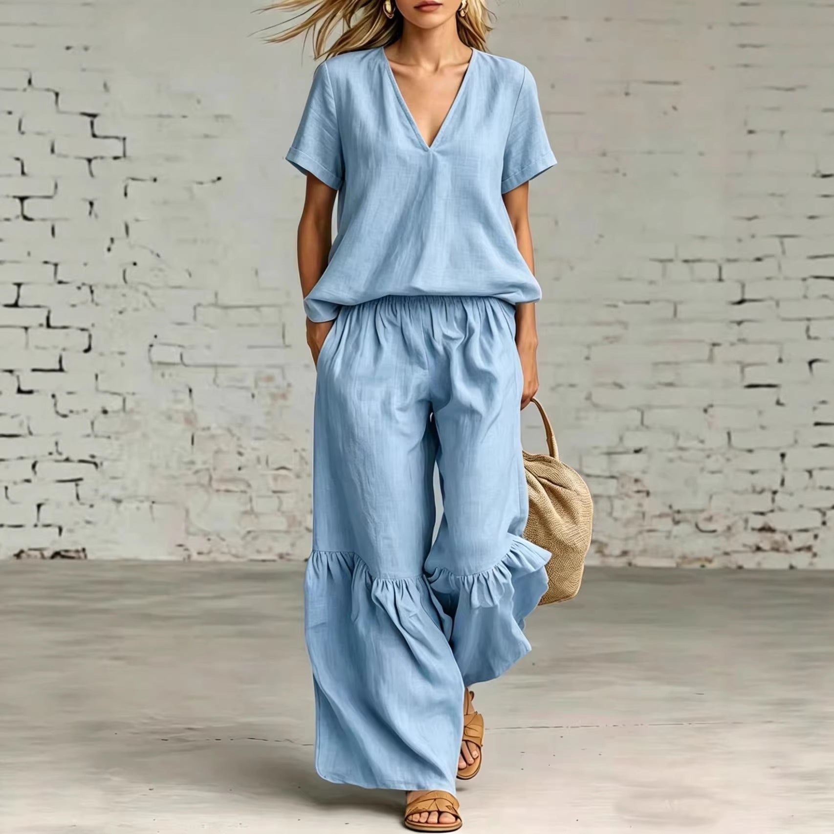 Womens Casual Solid Color V-Neck Loose Short-Sleeve Pants Set 