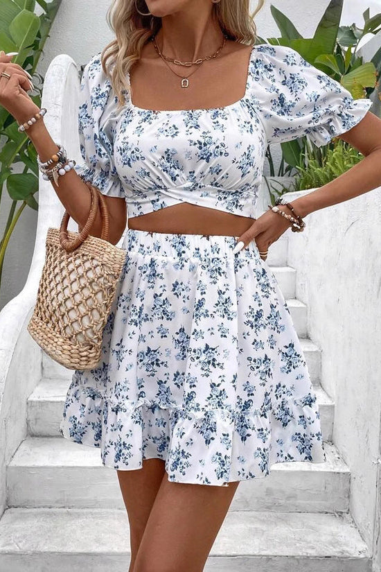 French-style Floral Print Dress Vacation-style Set Short Skirt 