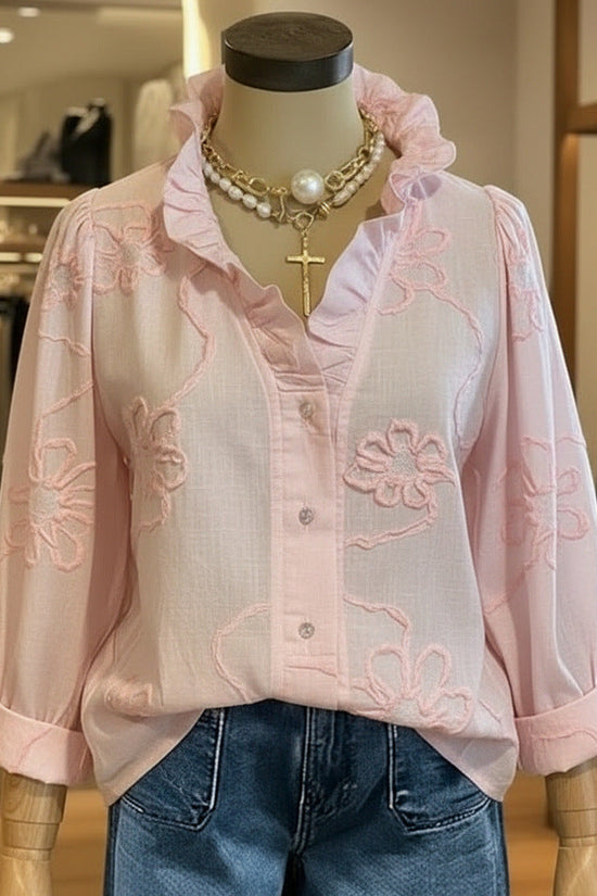 Lace-embroidered Cotton-linen Sweet Blouse 