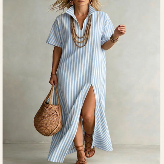 Womens V-neck Short-sleeve Striped Slit Cotton-Linen Dress 