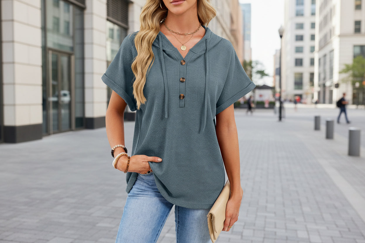 Womens Waffle-Weave Hooded Drawstring Short-Sleeve Top With Buttons 