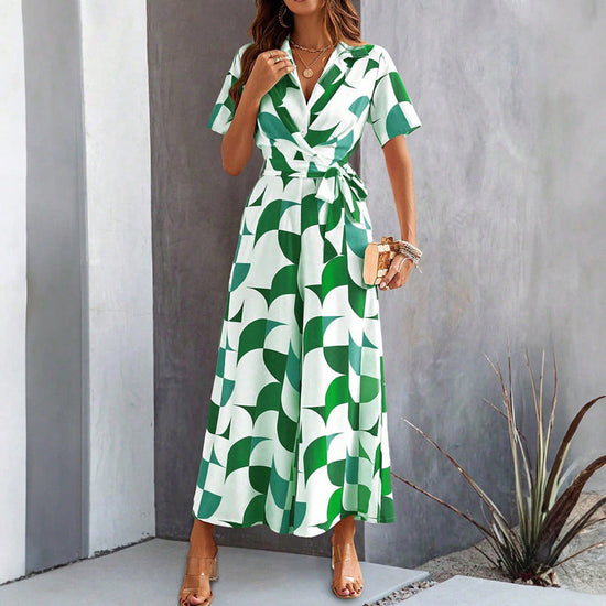 Women's Geometric Print Lace-Up Shirt Jumpsuit – Wide-Leg High-Waist Boho 