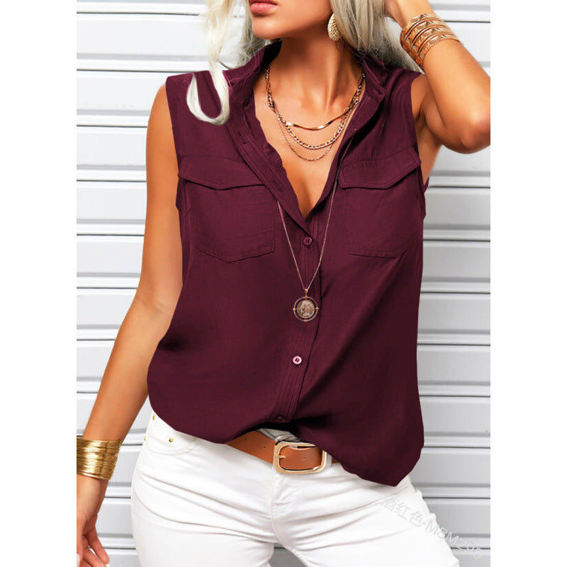 Solid-color Lapel-collar Loose-fit Sleeveless Top With Pockets 