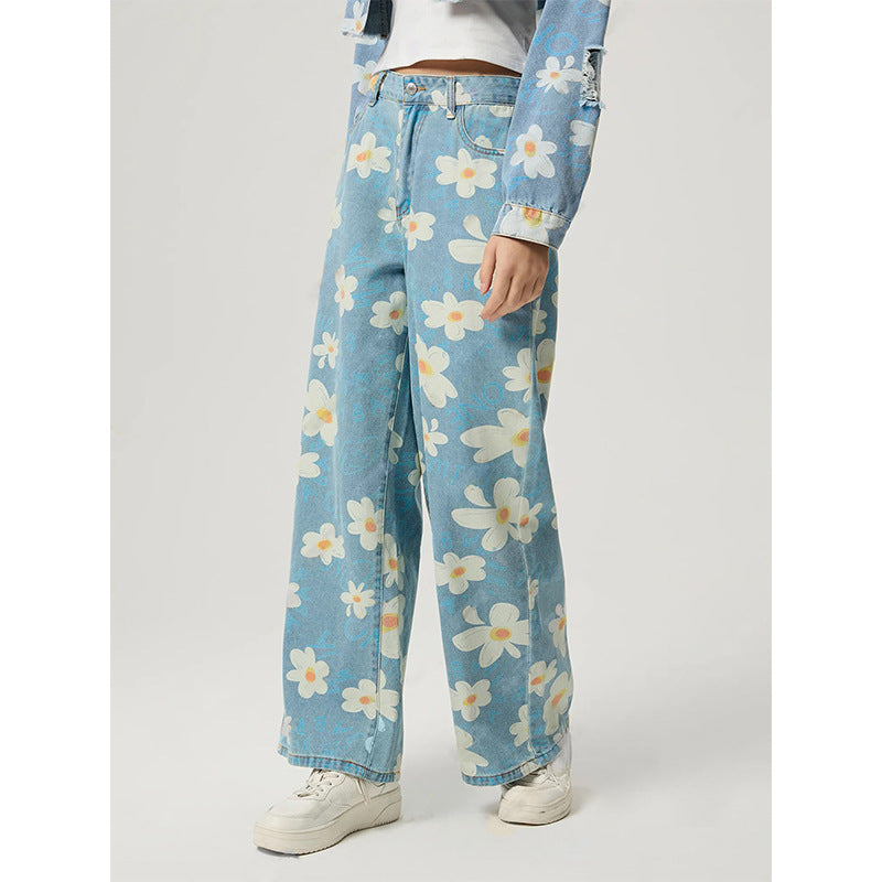 Vintage Flower Print Straight Jeans FitiqueFit