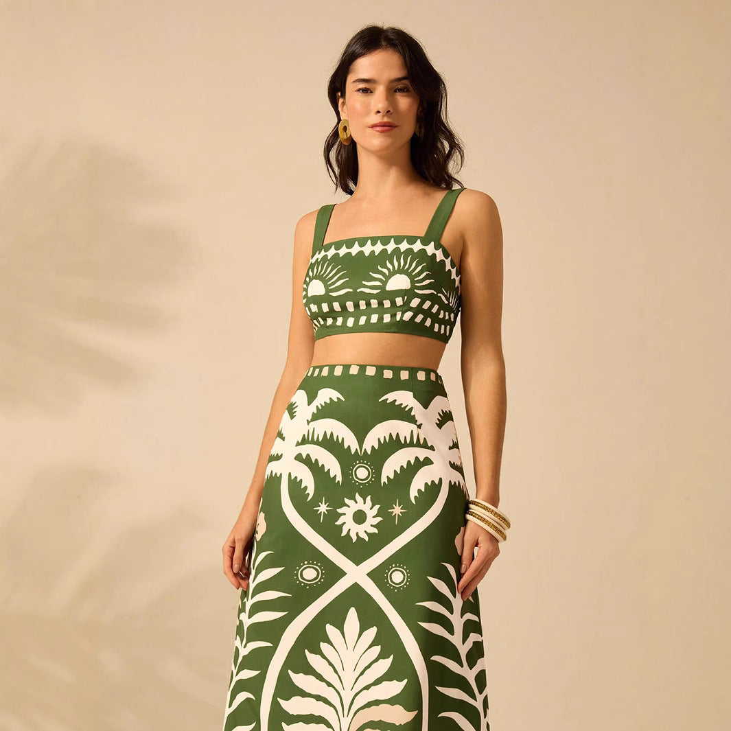 Womens Printed Camisole And High-waisted Straight Midi Skirt 