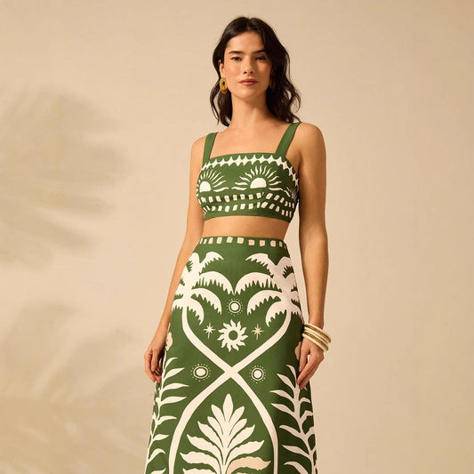 Womens Printed Camisole And High-waisted Straight Midi Skirt 