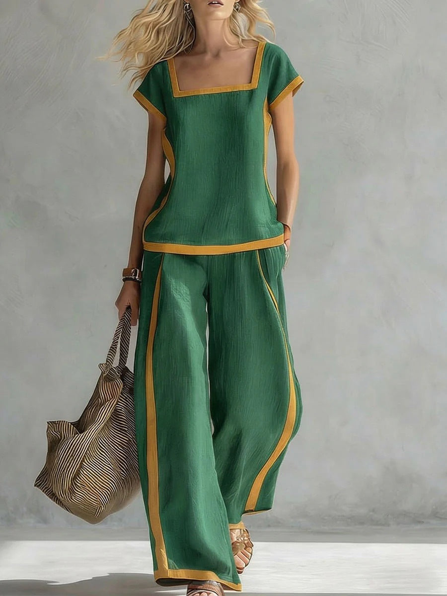 Women's Casual Square-Neck Short-Sleeve Pants Set 