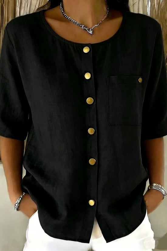 Womens Crew-Neck Shirt With Metal Buttons And Three-Quarter Sleeves 