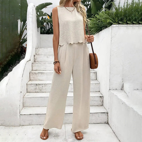 Elegant 2-Piece Matching Set, Sleeveless Crop Top And Wide Leg Pants Outfits CJ