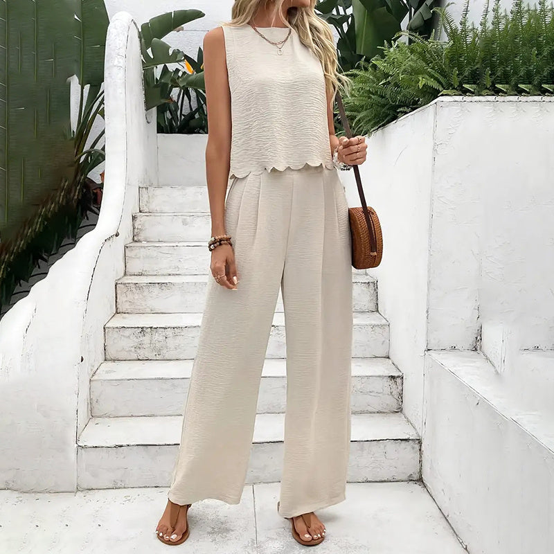 Elegant 2-Piece Matching Set, Sleeveless Crop Top And Wide Leg Pants Outfits CJ