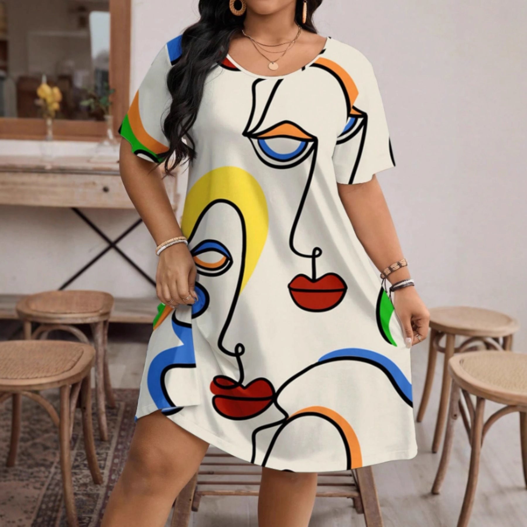 Women's Casual Printed Round Neck Short Sleeve Dress 