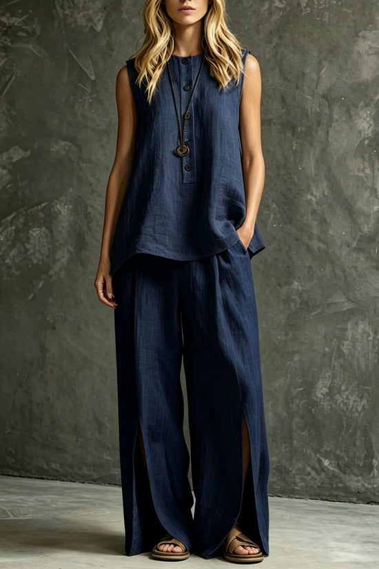 Womens Loose Sleeveless Tank Top And Slit Wide-Leg Pants Set 