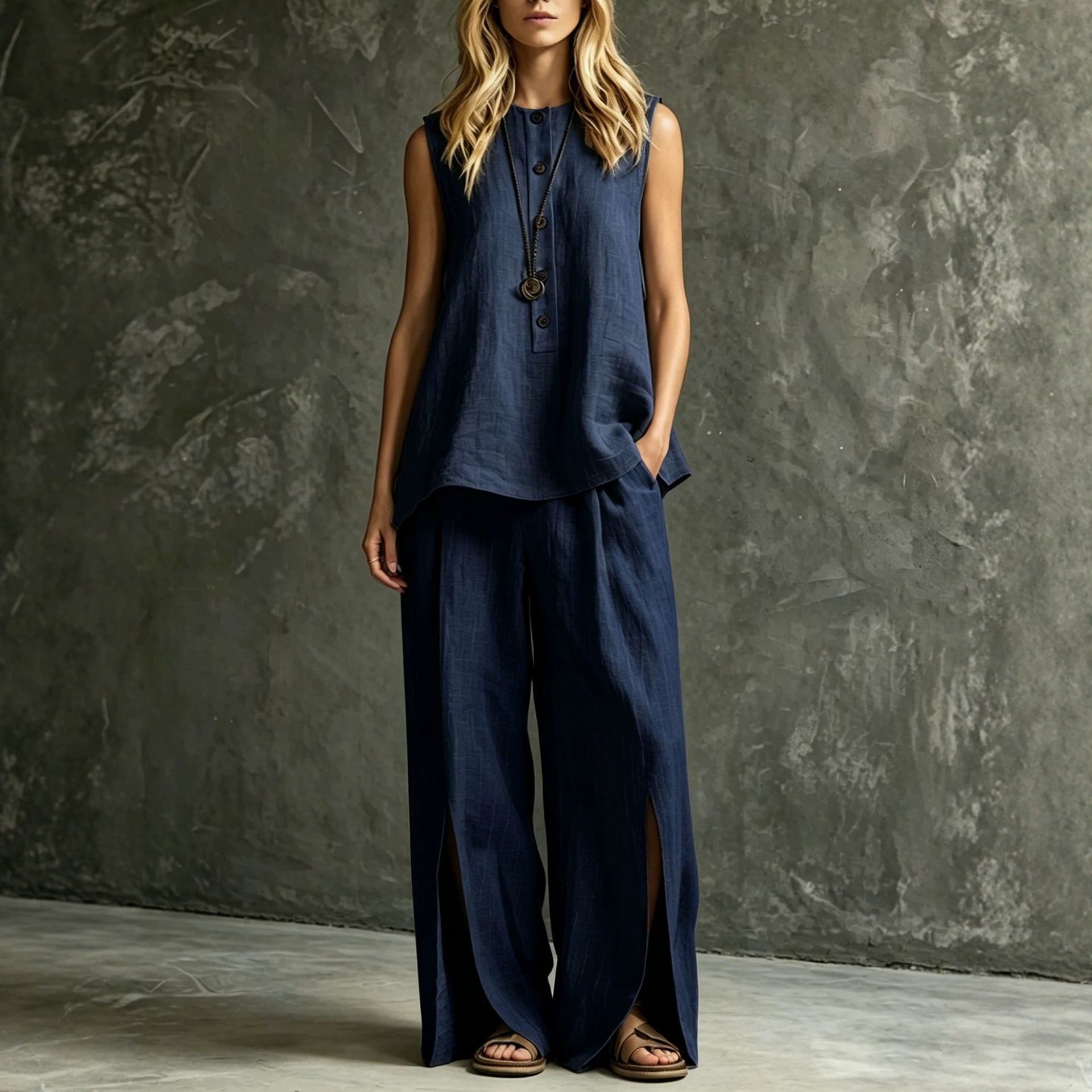 Womens Loose Sleeveless Tank Top And Slit Wide-Leg Pants Set 